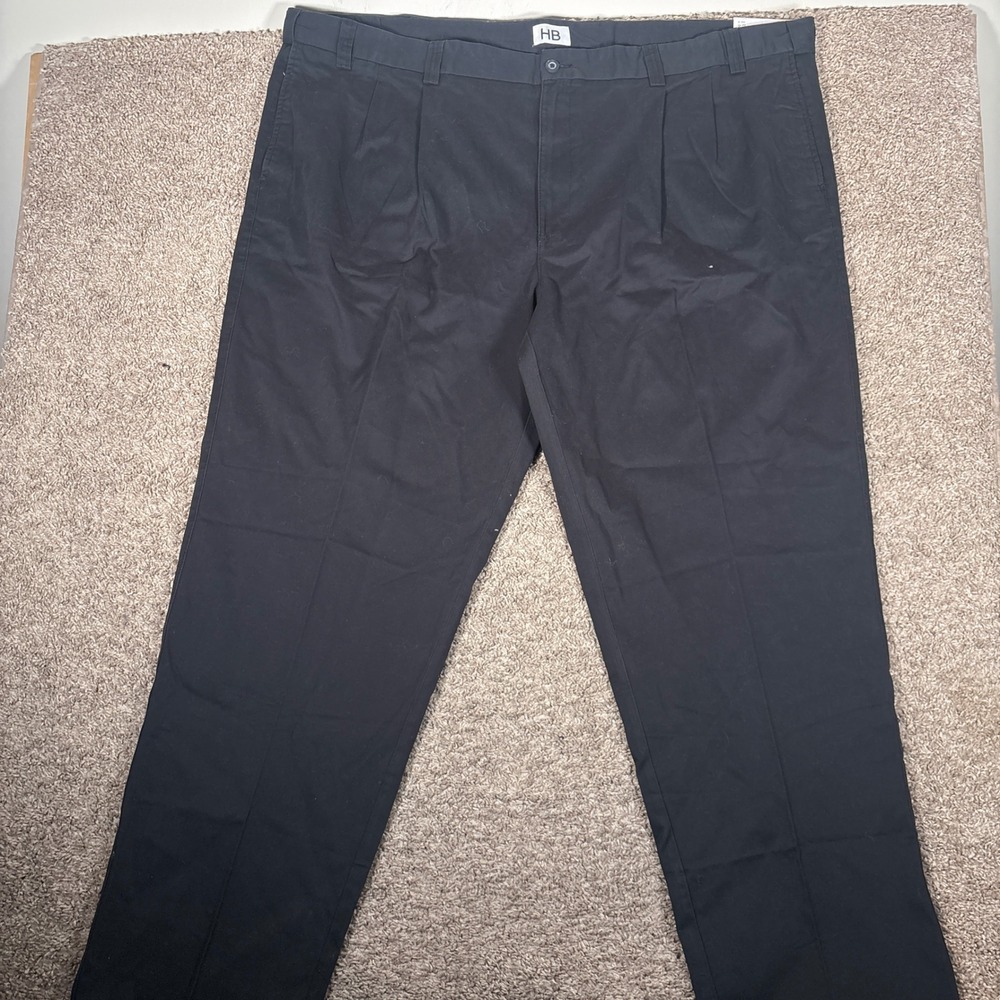 HB Mens Black Pleated Waist-Relaxer Pants‎ 54R Loose Fit Cotton Trousers